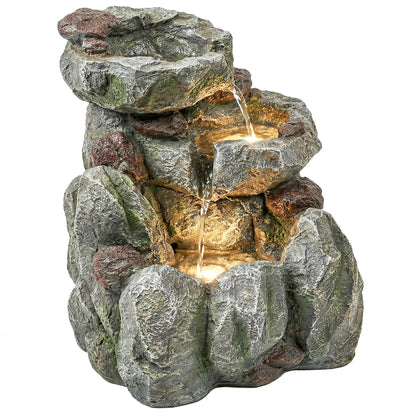 Outdoor Fountain, LED Lights, Adjustable Flow, 3-Tier, Rustic Rock Look, Grey Water Fountains at Gallery Canada