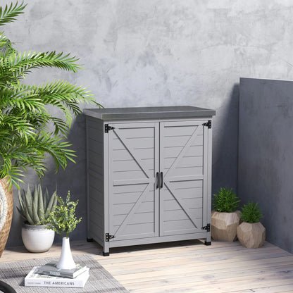 Outdoor Garden Storage Cabinet, Potting Bench with Metal Tabletop, Shelf, Grey Sheds at Gallery Canada