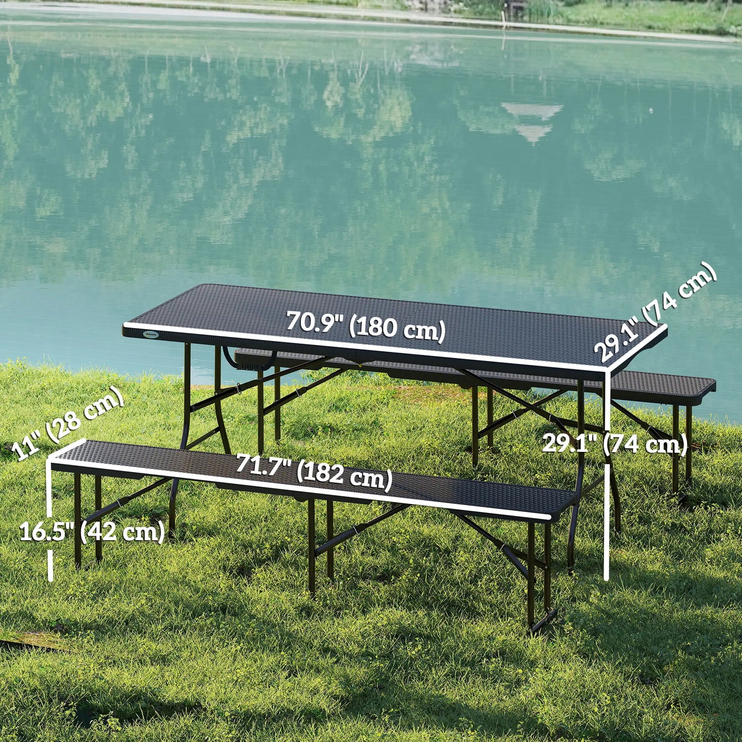 6FT 3PCS Faux Rattan Outdoor Table Bench Set, Folding Picnic Table with 2 Benches, Black Picnic Tables & Camping Chairs at Gallery Canada