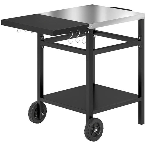 Outdoor Grill Cart With Stainless Steel Top, Foldable Side Table, Black