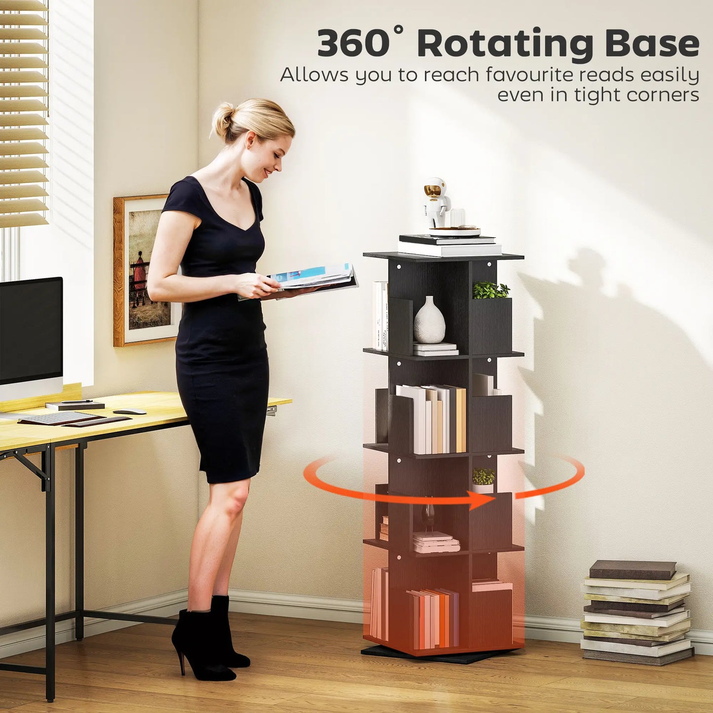 360° Rotating Bookcase, 4 Tier Bookshelf with 16 Cubbies, Black Wood Grain, Black Display Bookshelves at Gallery Canada