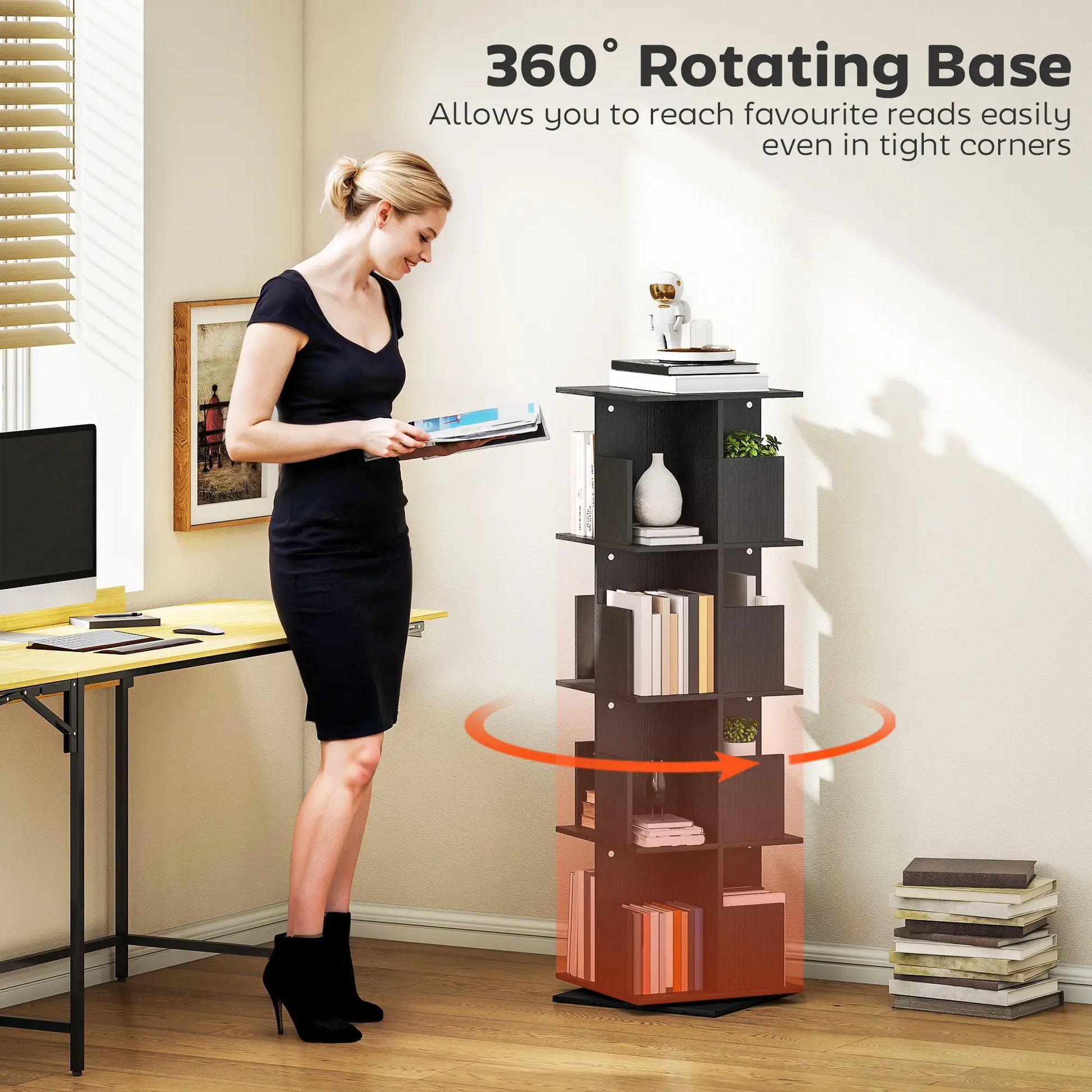 360° Rotating Bookcase, 4 Tier Bookshelf with 16 Cubbies, Black Wood Grain, Black Display Bookshelves at Gallery Canada