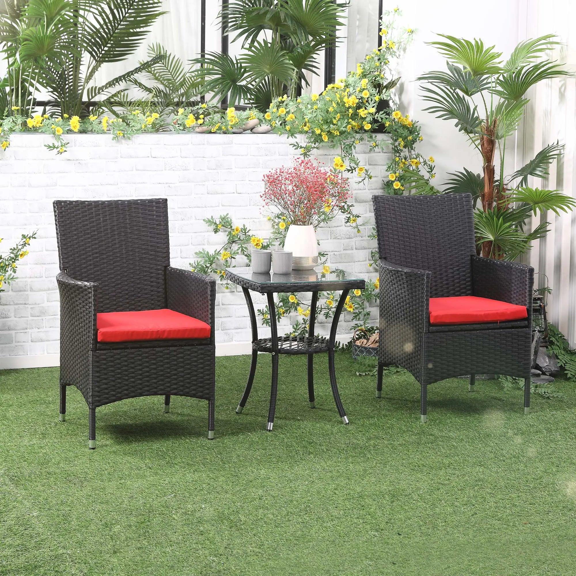 3-Piece Wicker Patio Set, Rattan Bistro with Glass Table, Cushions, Red Bistro Sets at Gallery Canada