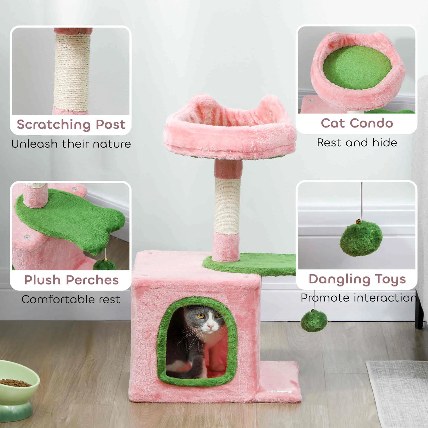 28 Inch Cat Tree Tower with Plush Bed, Condo, Scratching Post, Pink & Green Cat Posts at Gallery Canada