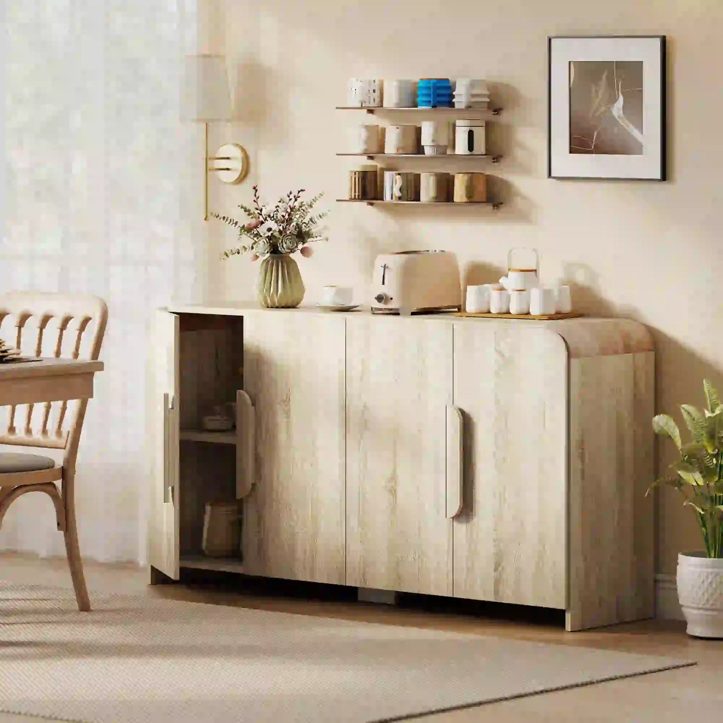 62" Sideboard Buffet Cabinet, Modern Kitchen Storage, Natural Wood