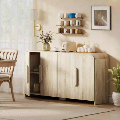 62" Sideboard Buffet Cabinet, Modern Kitchen Storage, Natural Wood