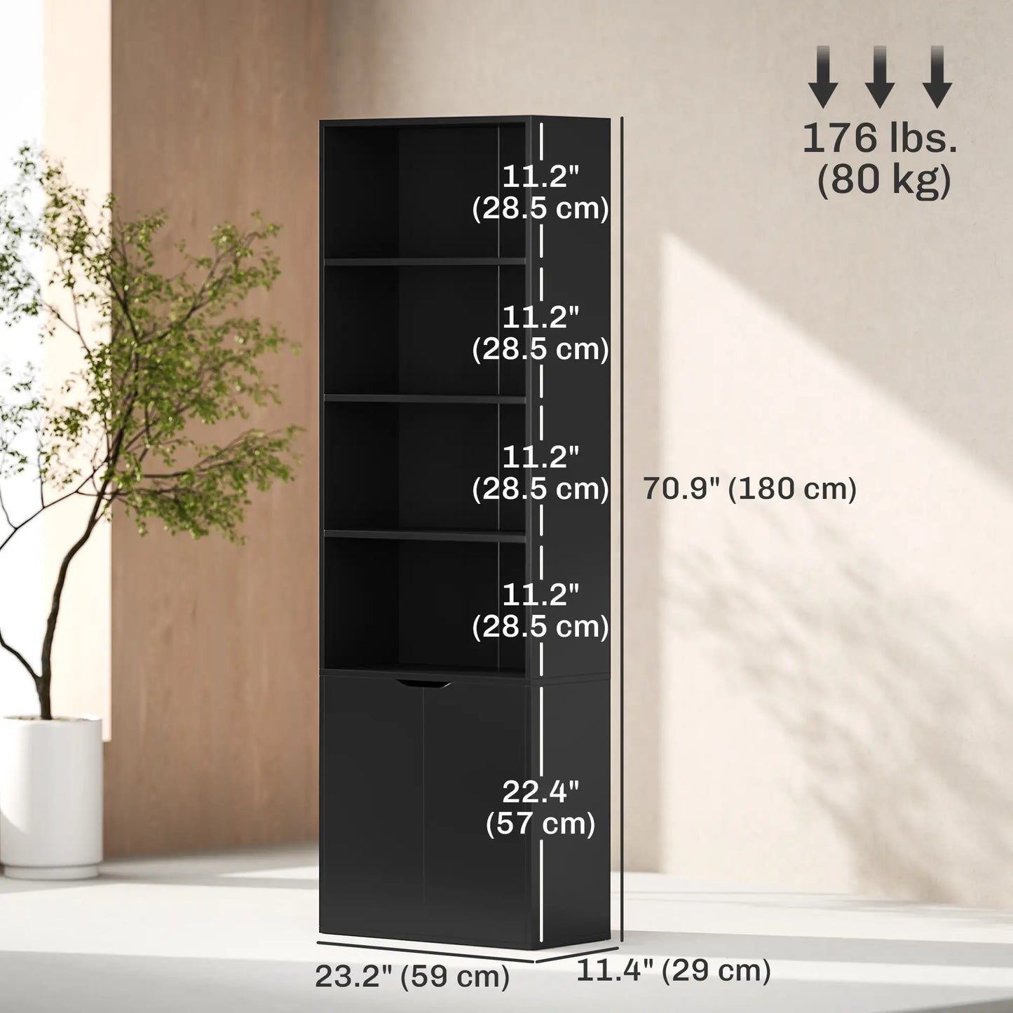 4-Tier Open Bookshelf with Doors, Home Office Storage, Black Bookcases With Doors at Gallery Canada
