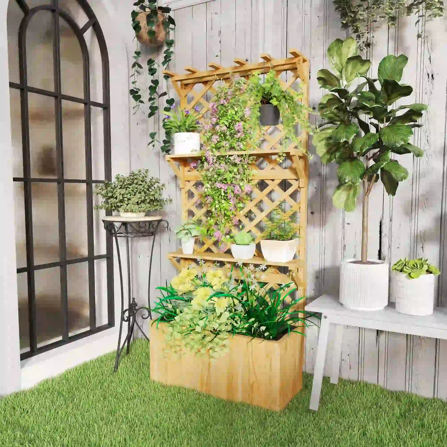 Wooden Raised Garden Bed With Trellis, Hanging Roof, Plant Shelf Wooden Planter Boxes at Gallery Canada