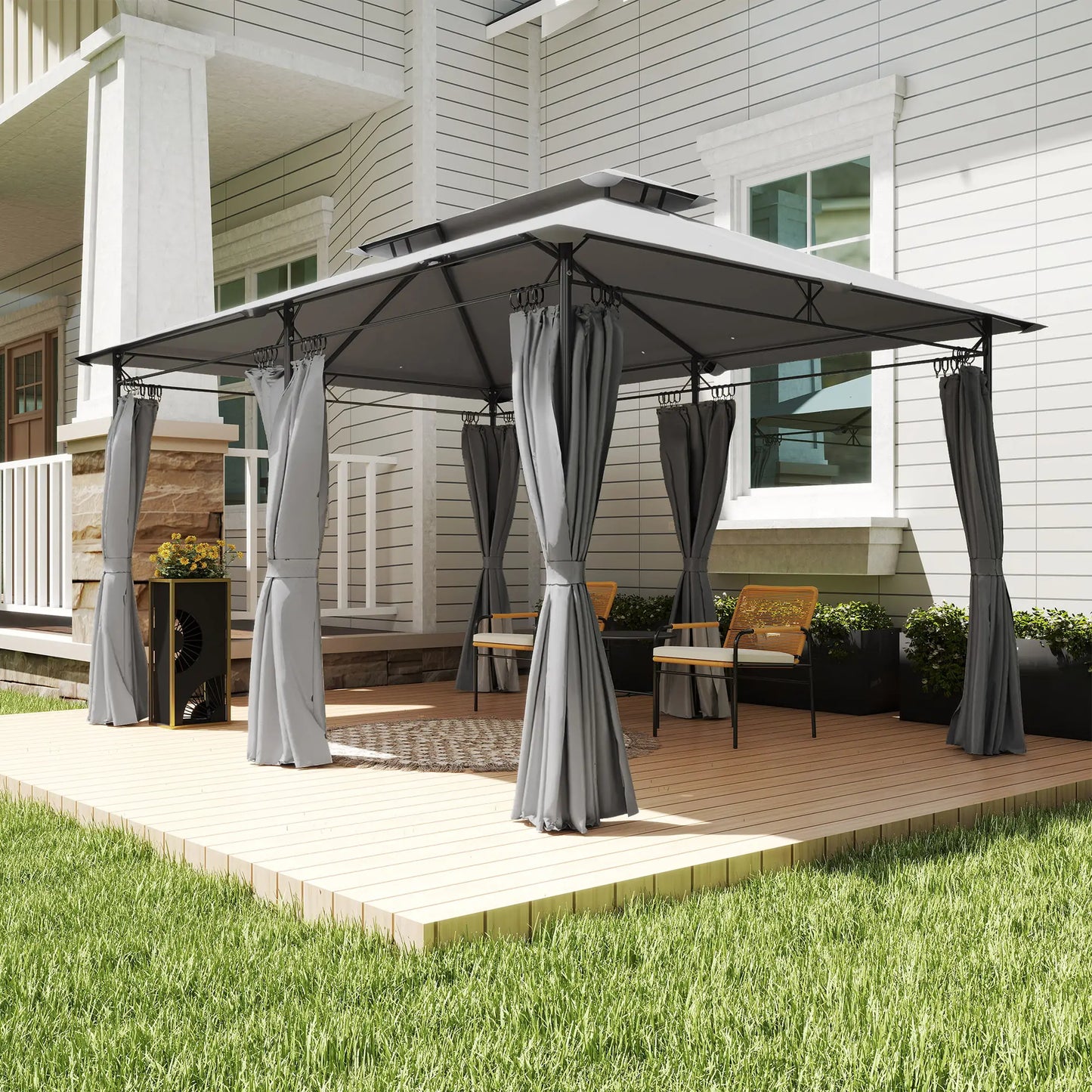 10' x 13' Double Roof Patio Gazebo, Outdoor with Curtains, Dark Grey Gazebos at Gallery Canada