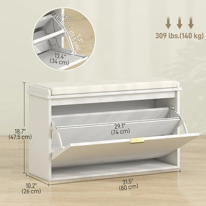 Entryway Bench with Padded Seat, Flip-Drawers, Holds 265lbs, Shoe Storage for 8 Pairs, White Shoe Storage Cabinets & Racks at Gallery Canada