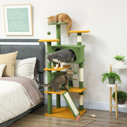 54" Cat Tree, Multi-Level Tower With Scratching Posts, Condos, Bed, Green