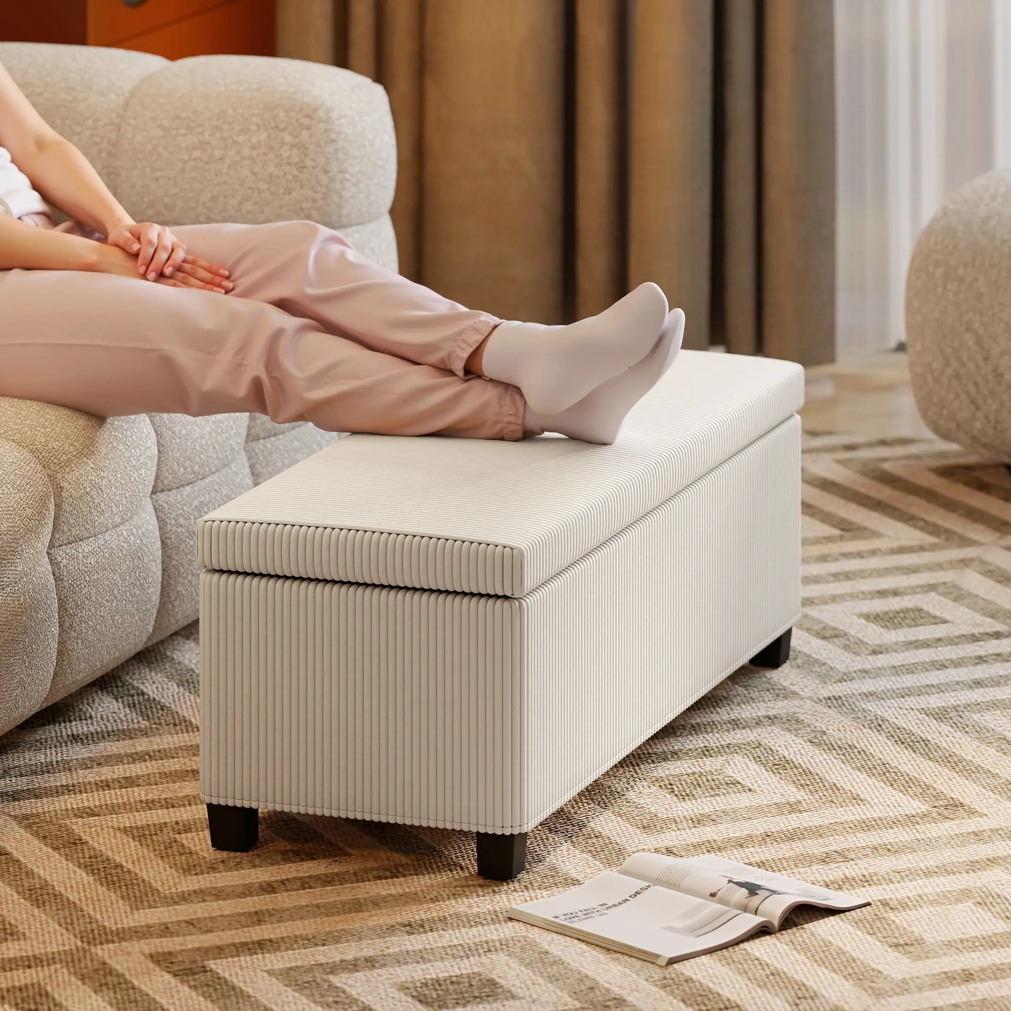44 Inches Ottoman with Storage, Lid, Legs, Corduroy Bench, Beige Storage Ottomans & Benches at Gallery Canada