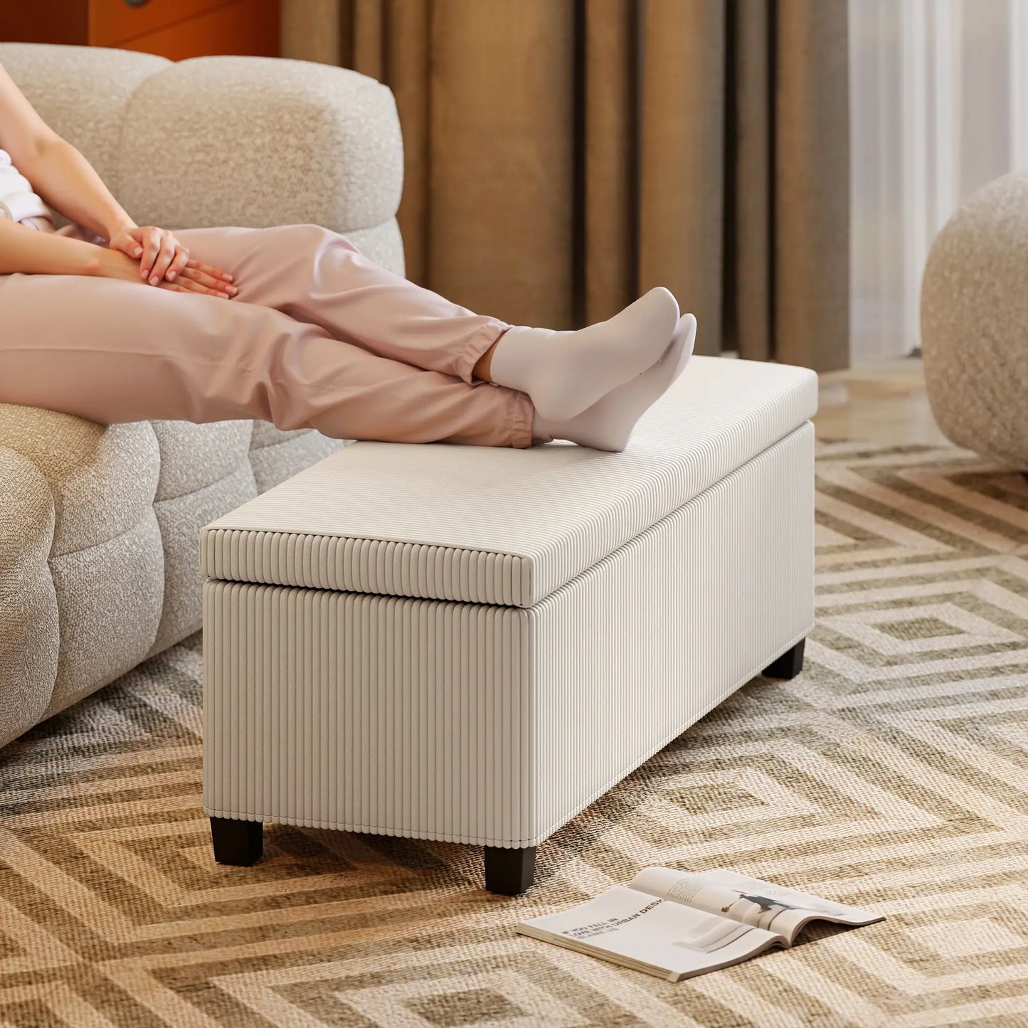44 Inches Ottoman with Storage, Lid, Legs, Corduroy Bench, Beige Storage Ottomans & Benches at Gallery Canada