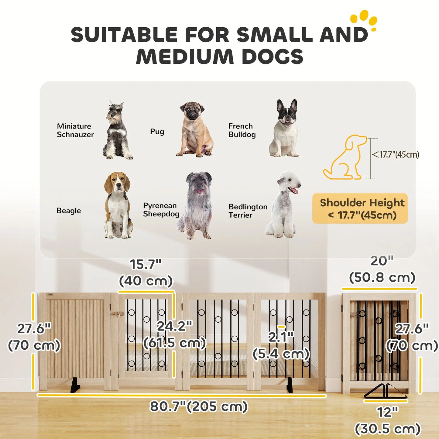Wooden Foldable Dog Gate, 4 Panels, Walk-Through Door