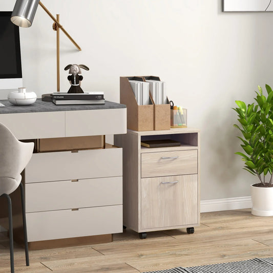 24" Small Filing Cabinet, Open Compartment, Drawer, Wheels, Oak Office Cabinets & Cupboards Oak at Gallery Canada