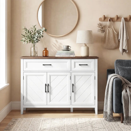 44" Farmhouse Sideboard Buffet Cabinet, 3 Chevron Doors, 2 Drawers, White Storage Cabinets at Gallery Canada