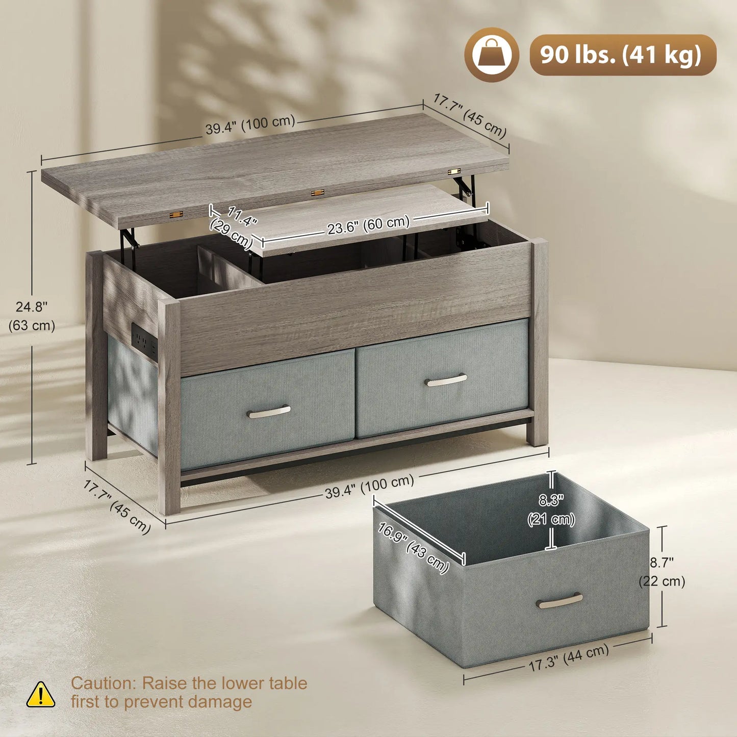 Lift Top Coffee Table, 3 Hidden Compartments, 2 Fabric Drawers, Expandable Top, Charging Station Coffee Tables at Gallery Canada