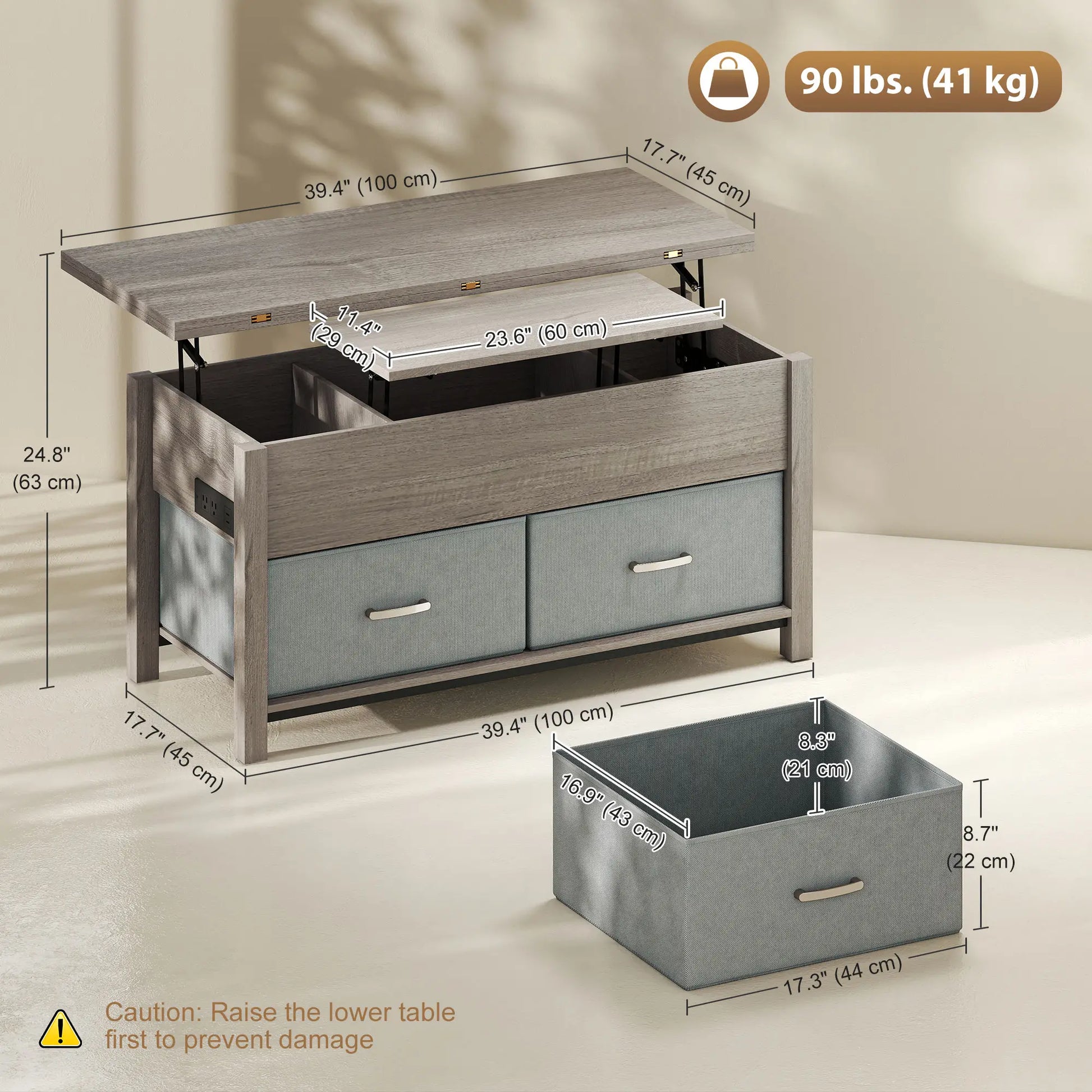 Lift Top Coffee Table, 3 Hidden Compartments, 2 Fabric Drawers, Expandable Top, Charging Station Coffee Tables at Gallery Canada