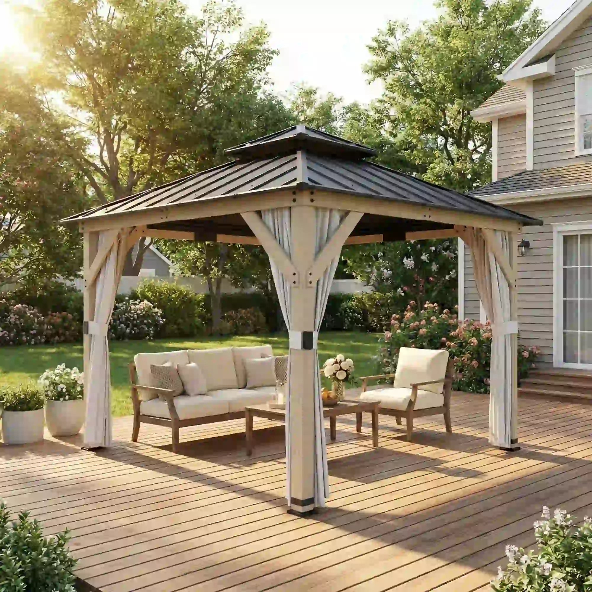 10' x 10' Hardtop Gazebo, Steel Roof, Wood Patio, Light Grey Gazebos at Gallery Canada