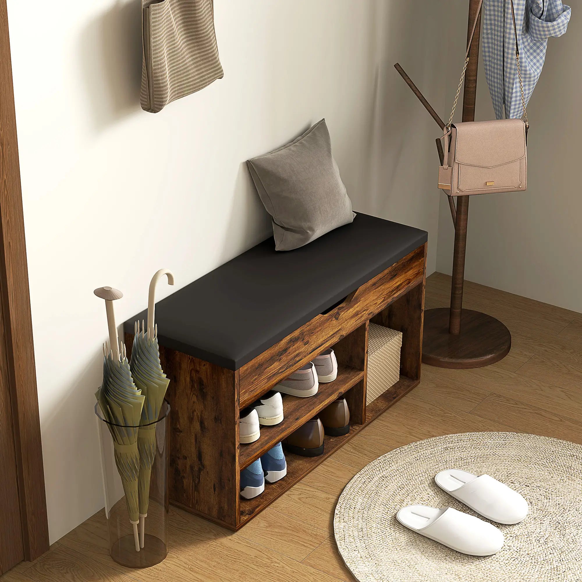Shoe Bench with Padded Cushion, Hidden Storage, Rustic Brown Shoe Storage Cabinets & Racks at Gallery Canada