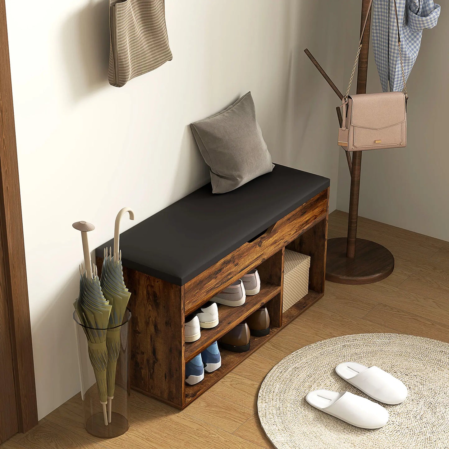 Shoe Bench with Padded Cushion, Hidden Storage, Rustic Brown Shoe Storage Cabinets & Racks at Gallery Canada
