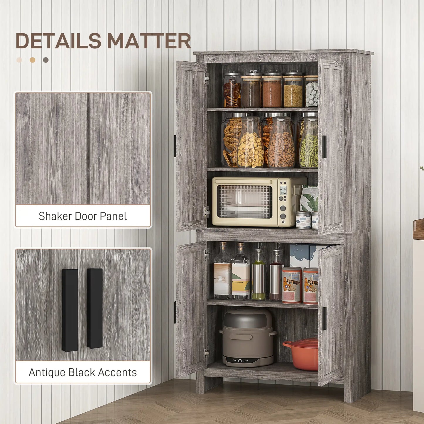 64" Kitchen Pantry Cabinet, 4 Doors, 3 Adjustable Shelves, Charcoal Grey Kitchen Pantry Cabinets at Gallery Canada