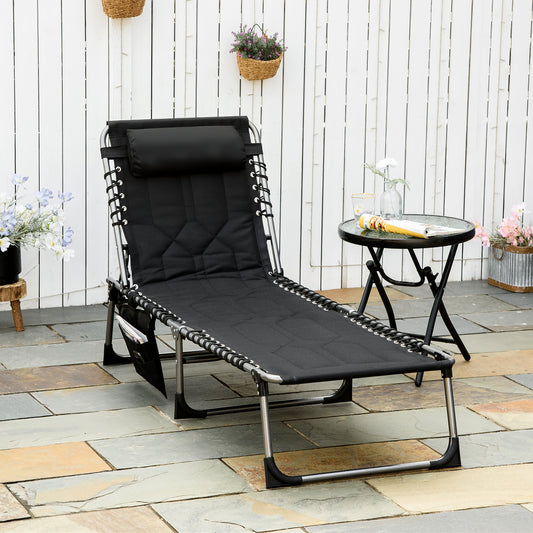 Folding Chaise Lounge Chair, Outdoor Padded Reclining Chair with 5-position Adjustable Backrest, Pillow and Pocket for Patio, Deck, Beach, Lawn and Sunbathing, Black - Gallery Canada