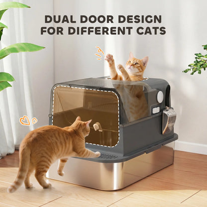 Bac à litière pour chat en acier inoxydable XXL, fermé, côtés hauts, noir