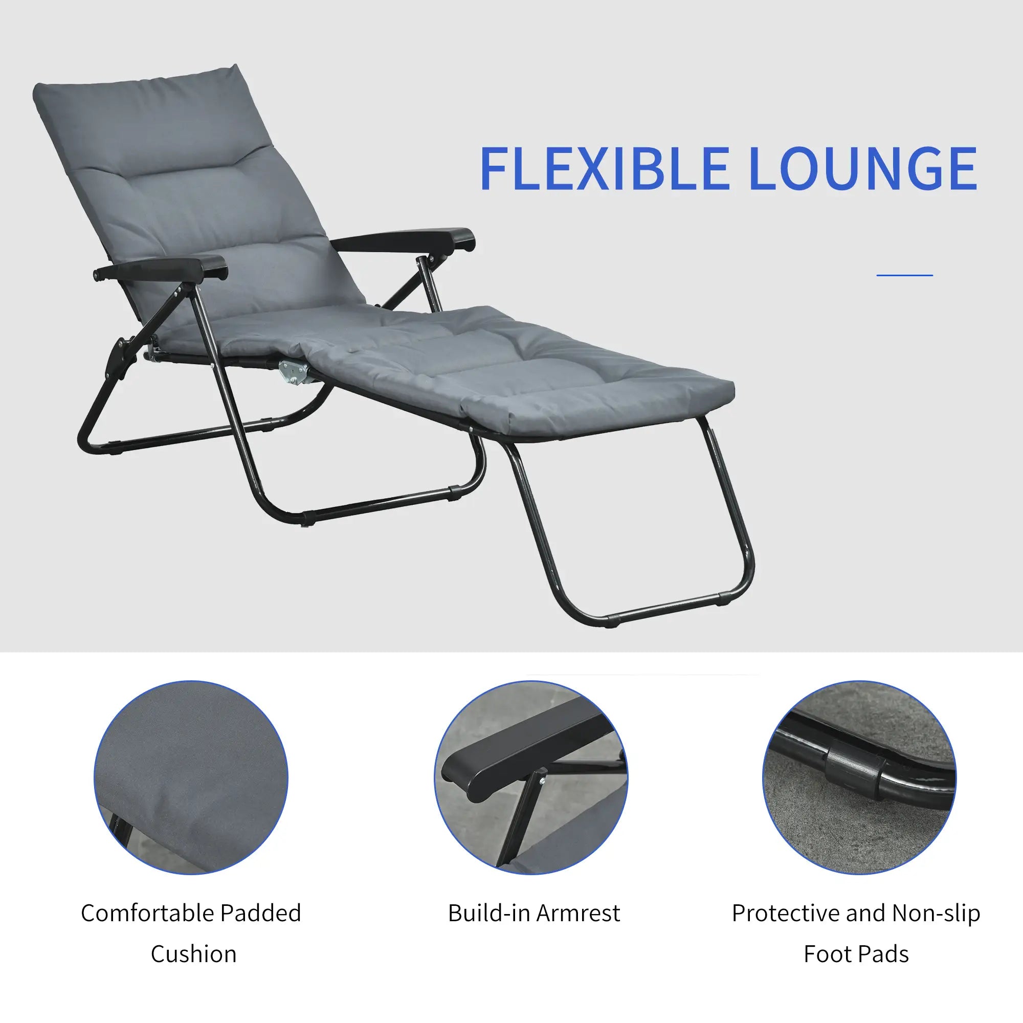 Foldable Lounge Chair, Reclining Patio Sun Lounger, 6-Position Adjustable, Grey Lounger Chairs at Gallery Canada