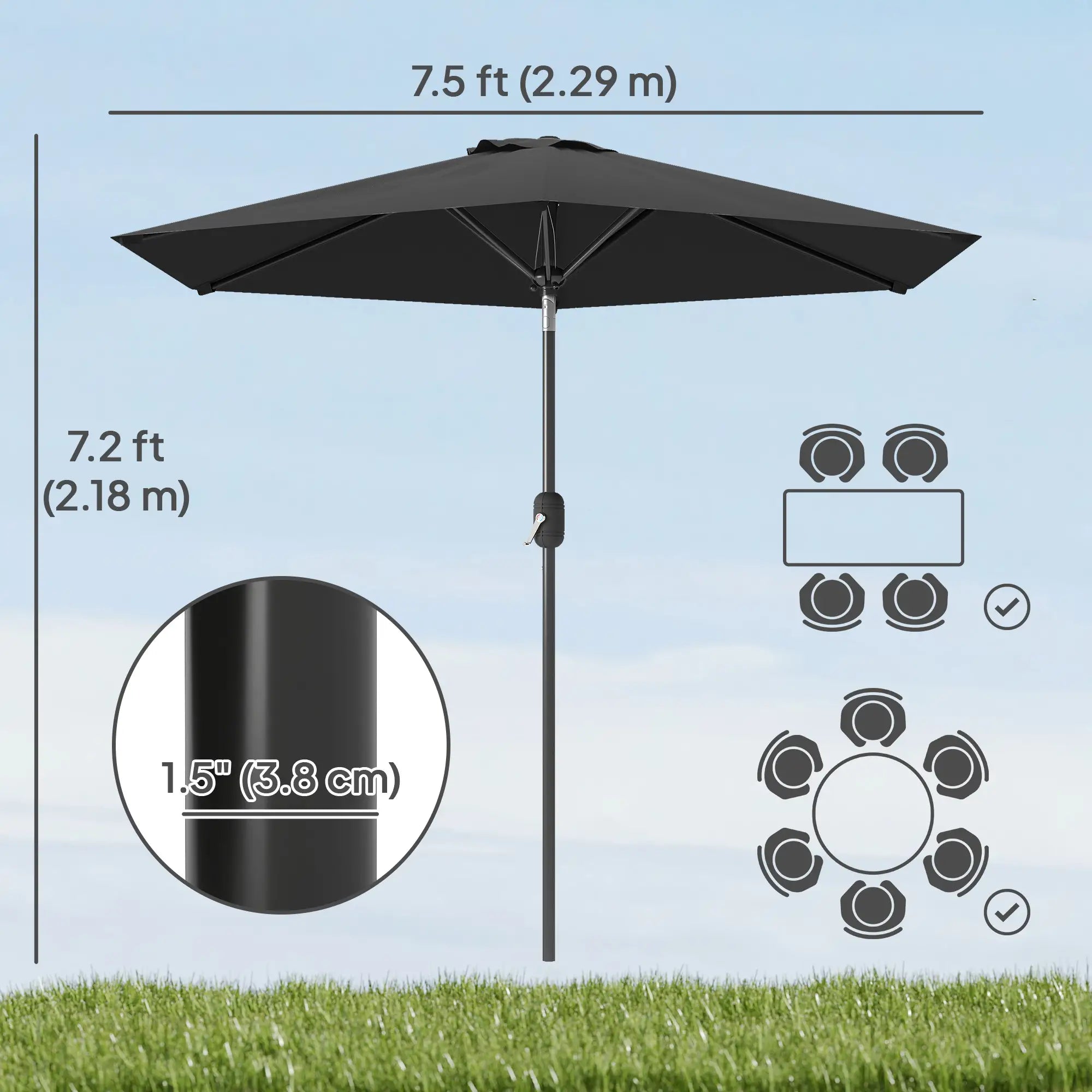 Patio Sun Umbrella, Outdoor Parasol, 6 Ribs, Black Sun Umbrellas at Gallery Canada
