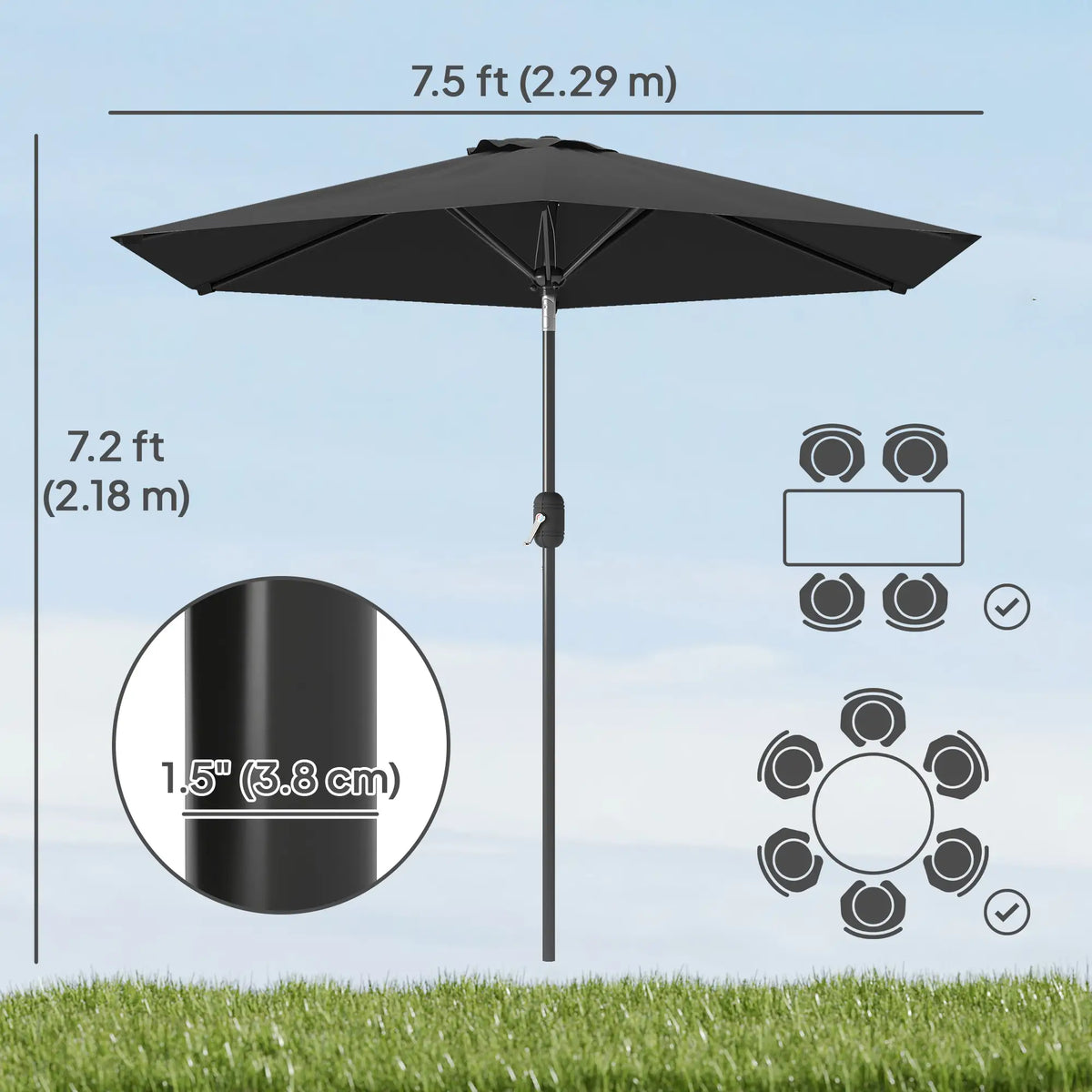 Patio Sun Umbrella, Outdoor Parasol, 6 Ribs, Black Sun Umbrellas at Gallery Canada