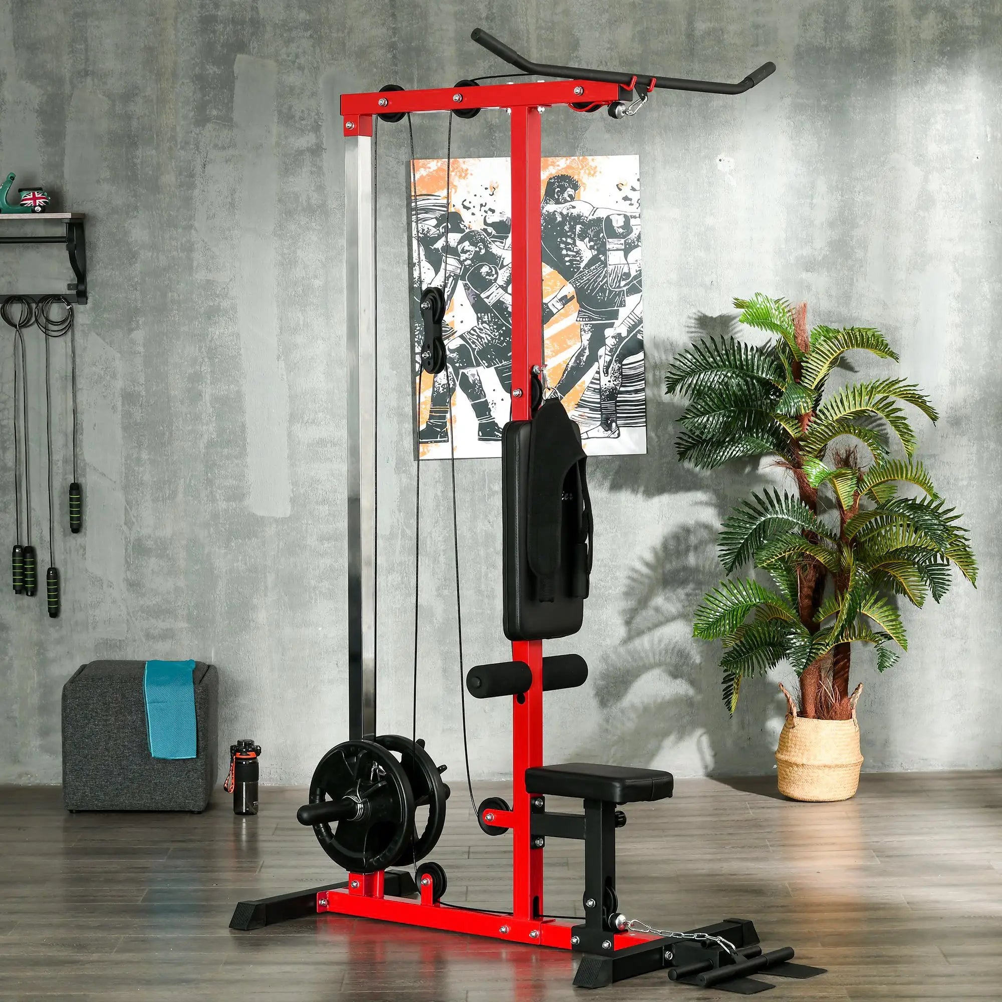 Lat Pull Down Machine, High Low Pulley, Adjustable Seat, Flip-Up Footplate, Red Power Towers at Gallery Canada