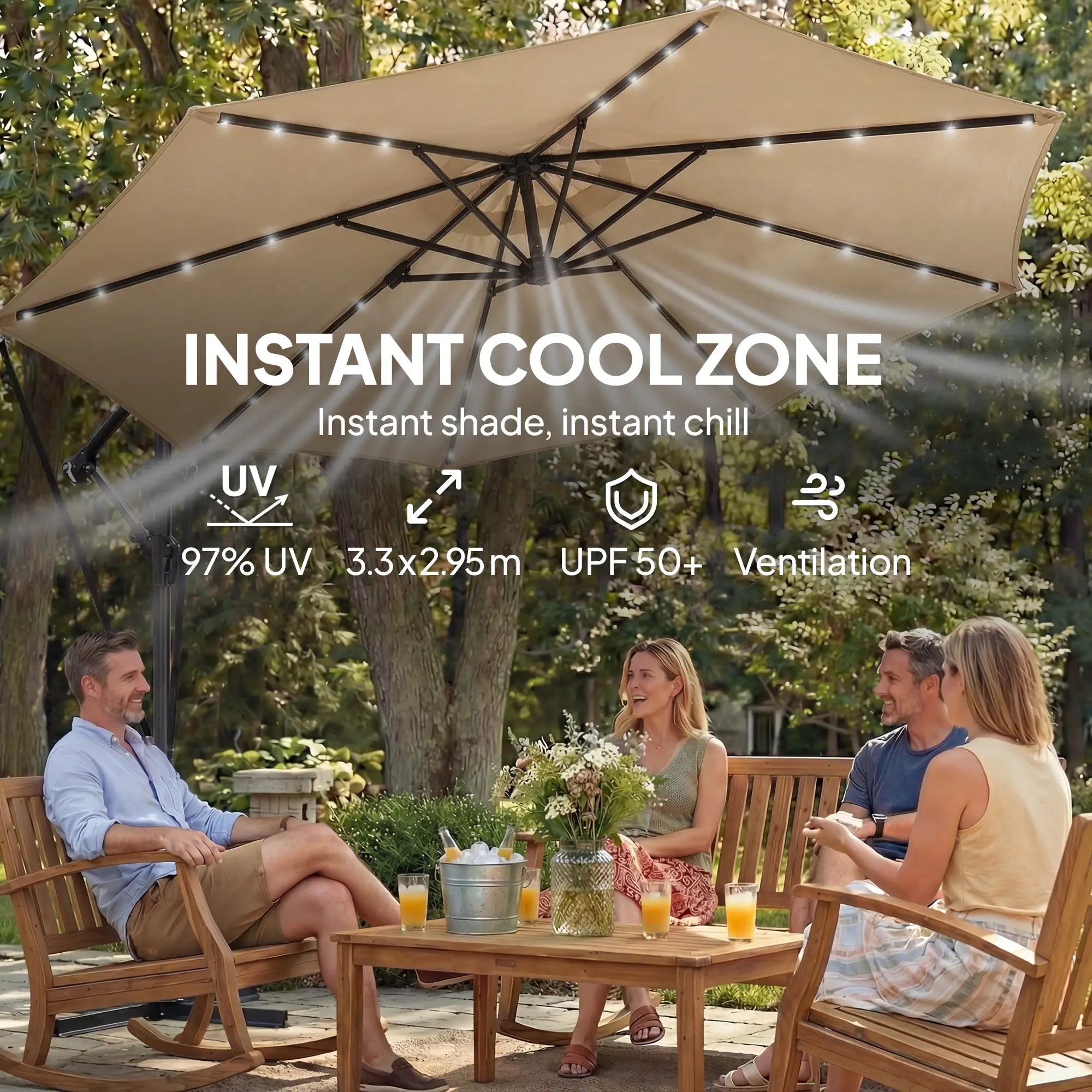 9.7ft Solar LED Cantilever Patio Umbrella, 32 Lights, Cross Base, Crank Handle, Khaki Offset Cantilever Umbrellas at Gallery Canada