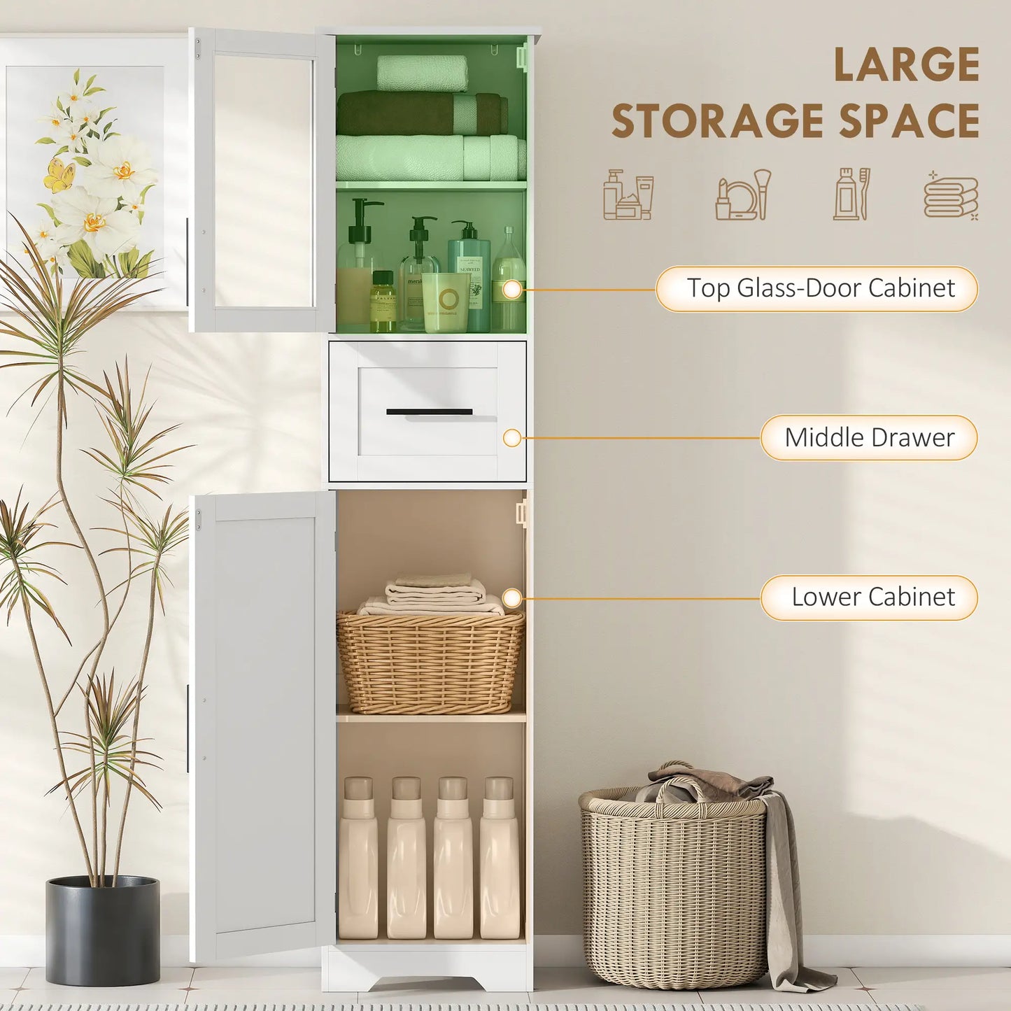 67" Tall Bathroom Storage Cabinet, Adjustable Shelves, Glass Door, Drawer Freestanding Bathroom Cabinets at Gallery Canada