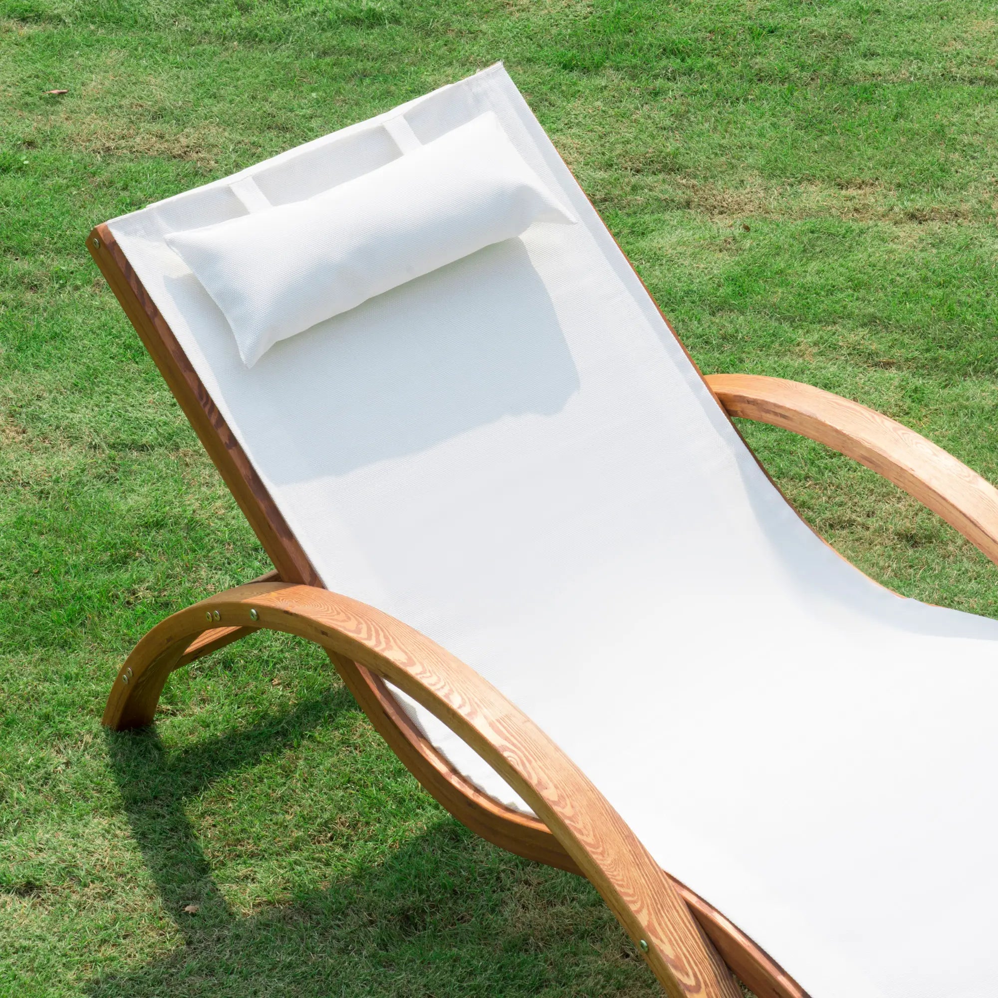 Outdoor Wood Sling Chaise Lounge, Garden Mesh Lounger, Cream Lounger Chairs at Gallery Canada