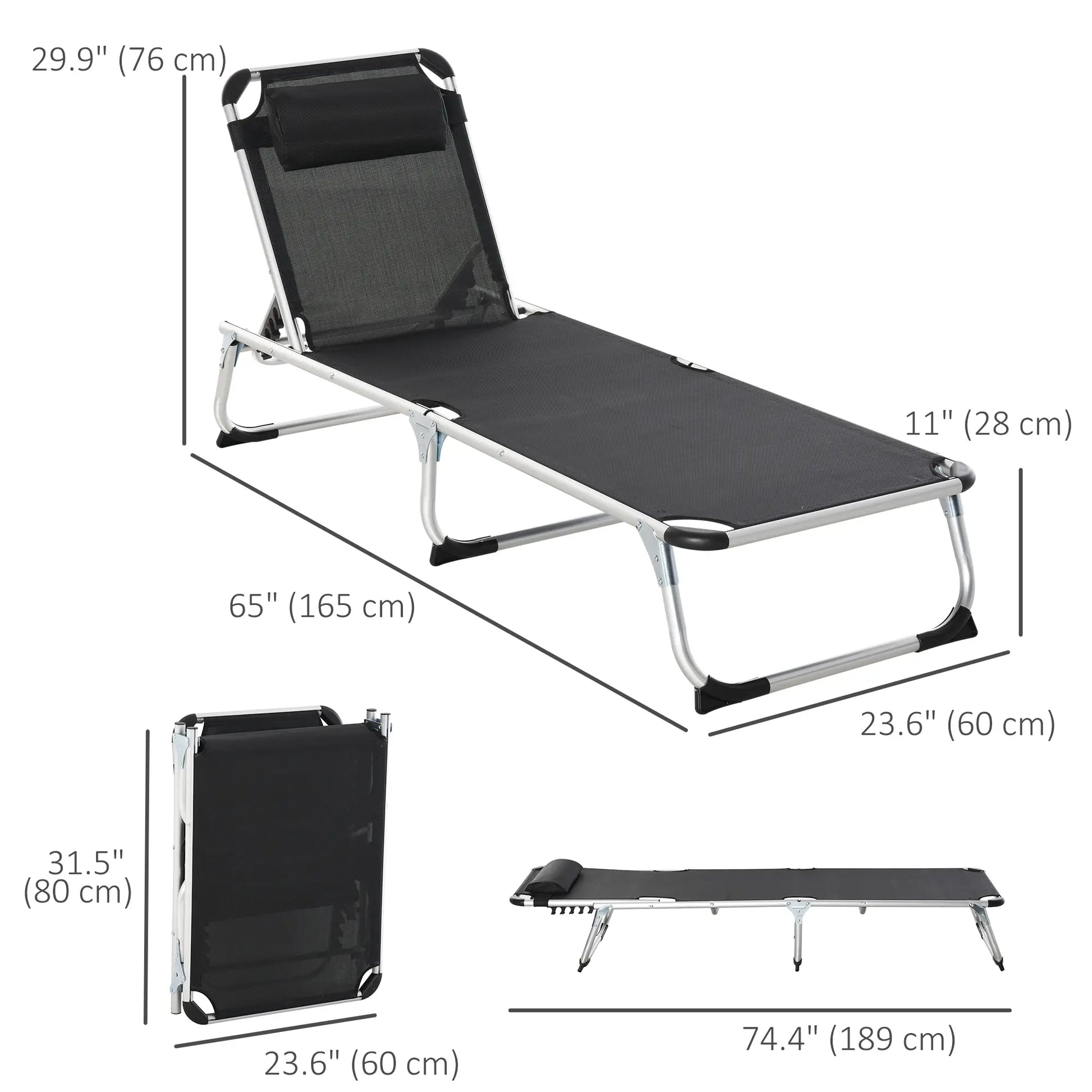 Folding Lounge Chair, Adjustable Backrest, Aluminum Frame, Black Lounger Chairs at Gallery Canada