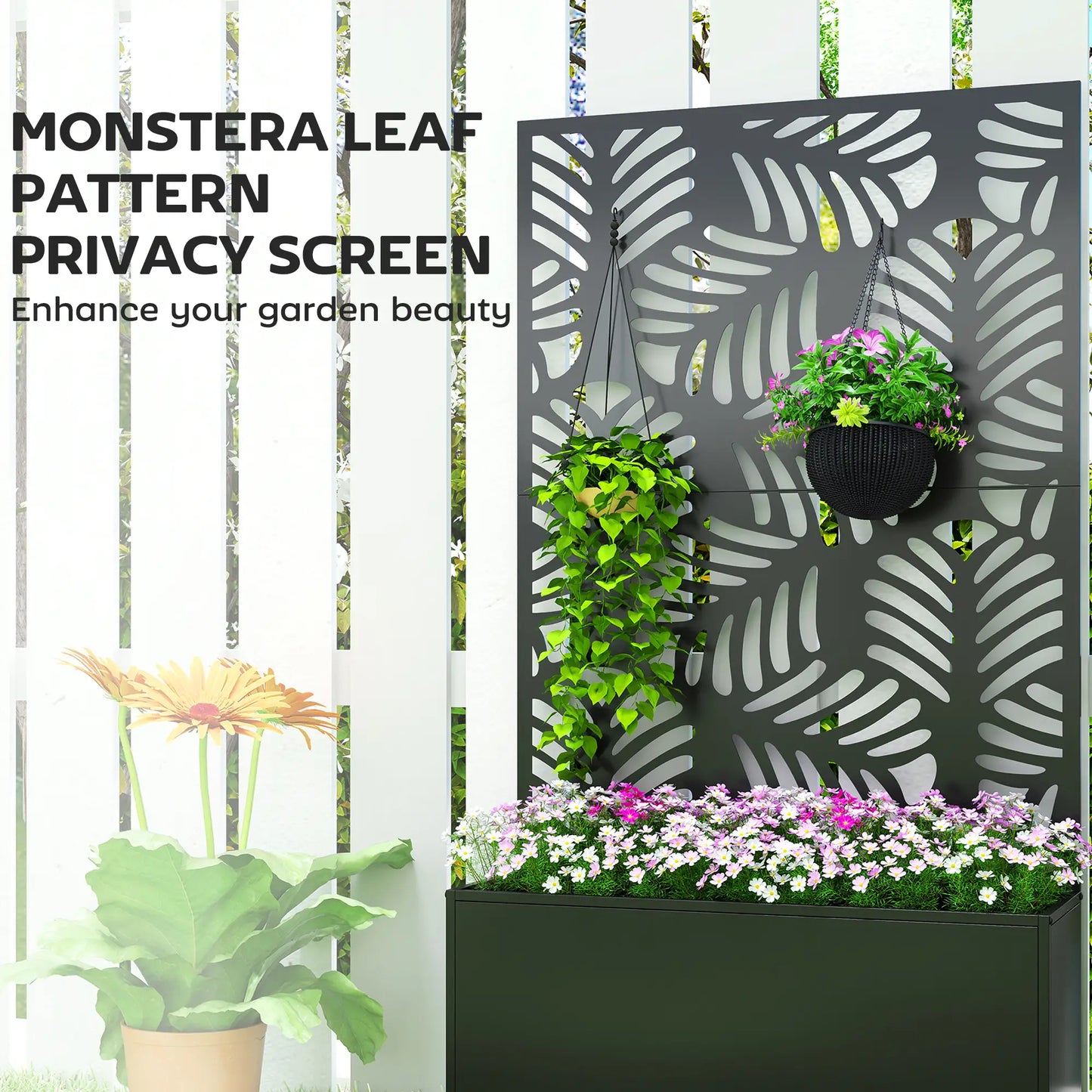Metal Planter Box With Trellis, Raised Garden Bed With Monstera Leaf Cut-Out