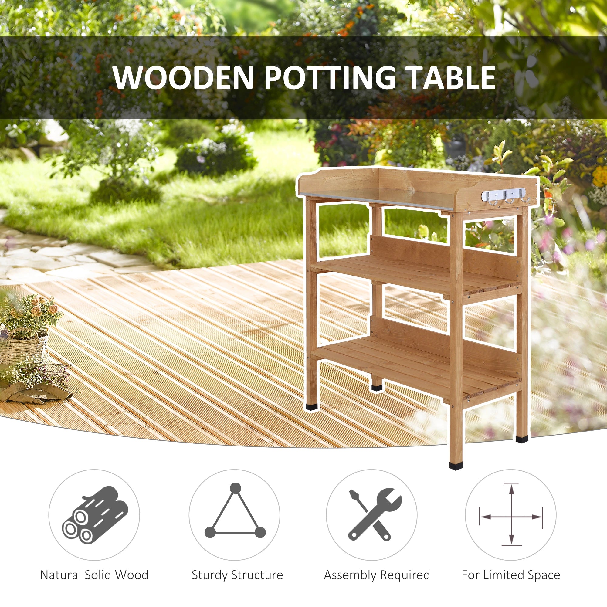 Wooden Potting Bench, Outdoor Garden Work Table, Tool Storage Shelf w/ Hooks, Natural Potting Benches & Tables at Gallery Canada