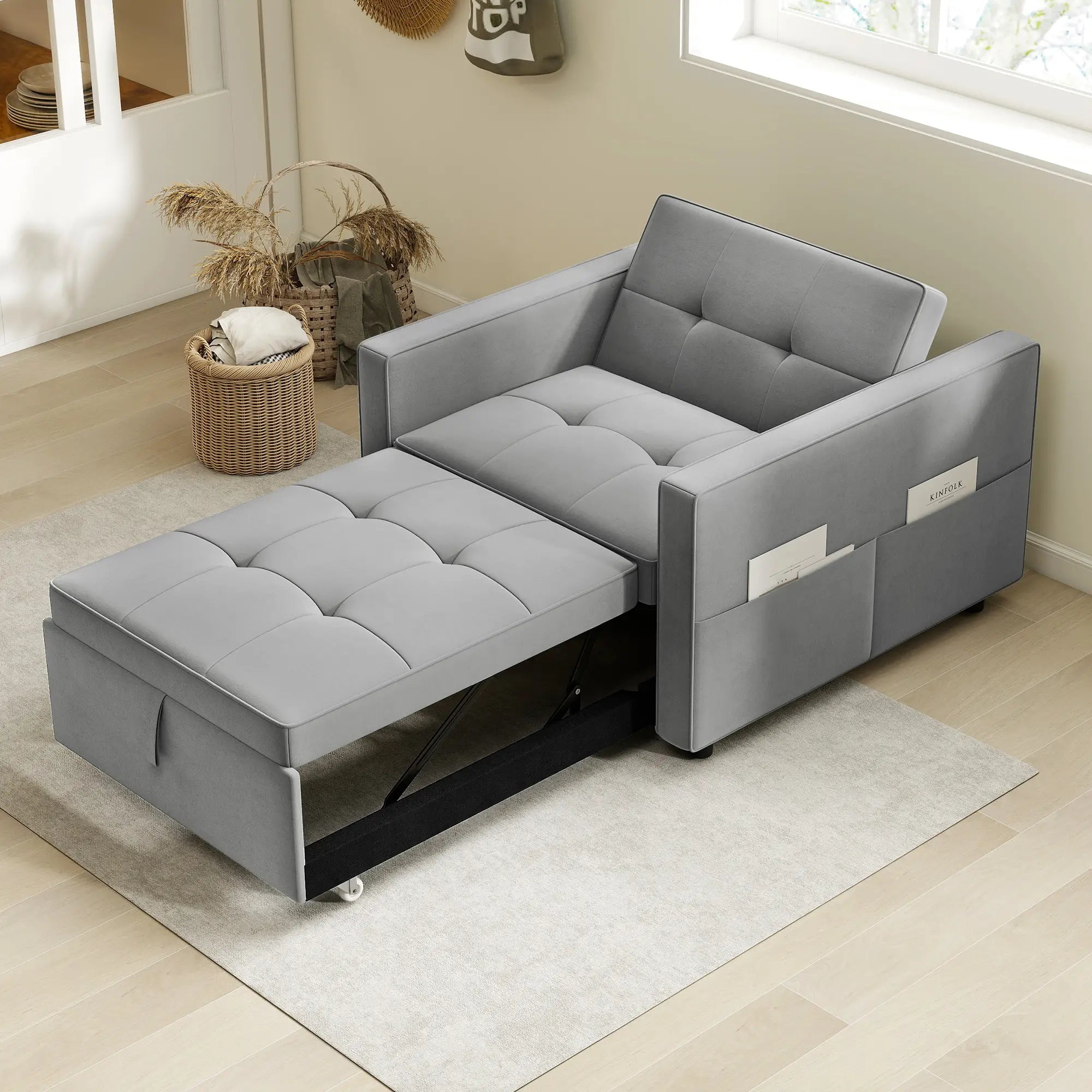 Convertible Chair Bed, Pull Out Sleeper with USB, Adjustable Backrest, Velvet Futon, Grey Single Sofas at Gallery Canada