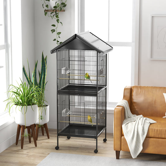 Wrought Metal Bird Cage Feeder with Rolling Stand Perches Food Containers Doors Wheels 67" H, Black - Gallery Canada