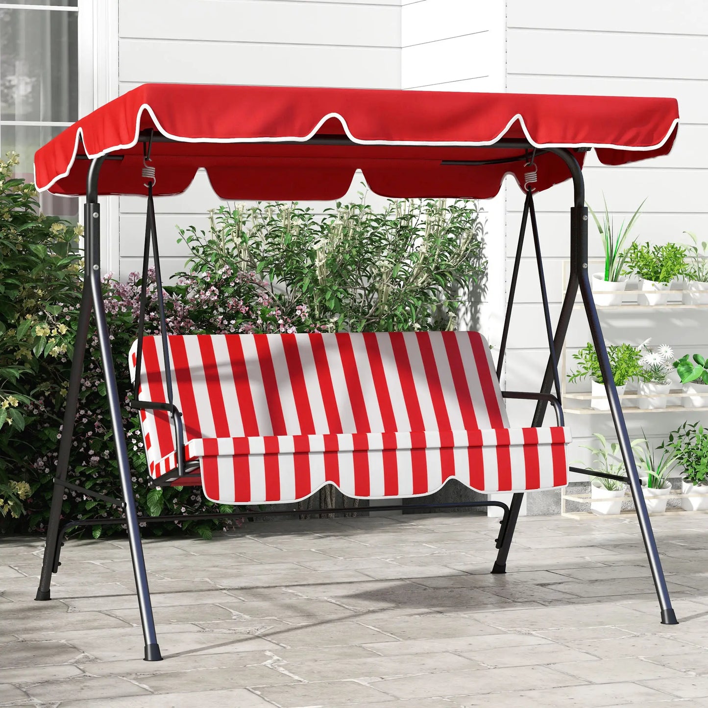 3-Seater Outdoor Porch Swing, Adjustable Canopy, Red Patio Swings with Stand at Gallery Canada