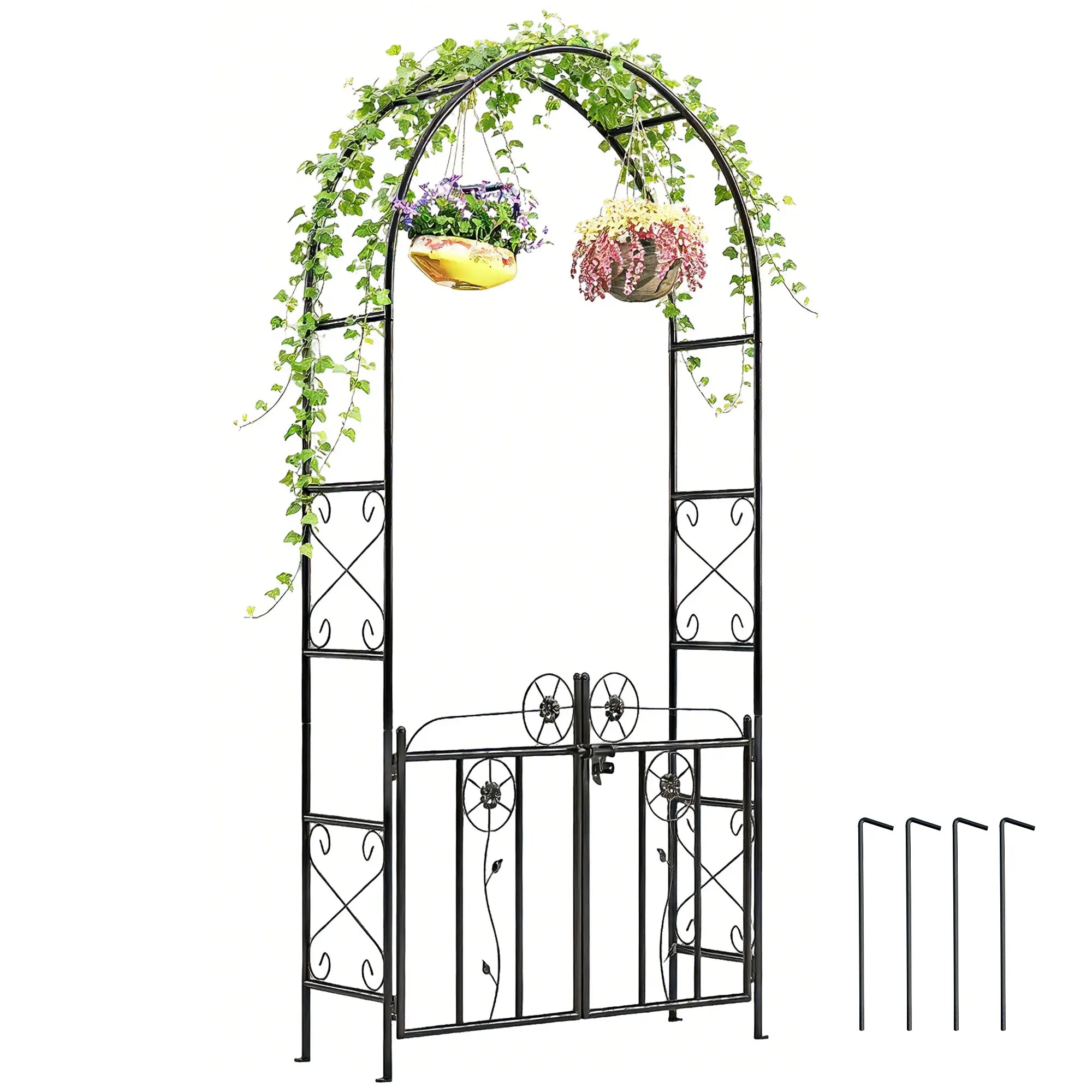 7.4 ft Garden Arch, Outdoor Trellis Arbor With Gate, Black Garden Arches at Gallery Canada