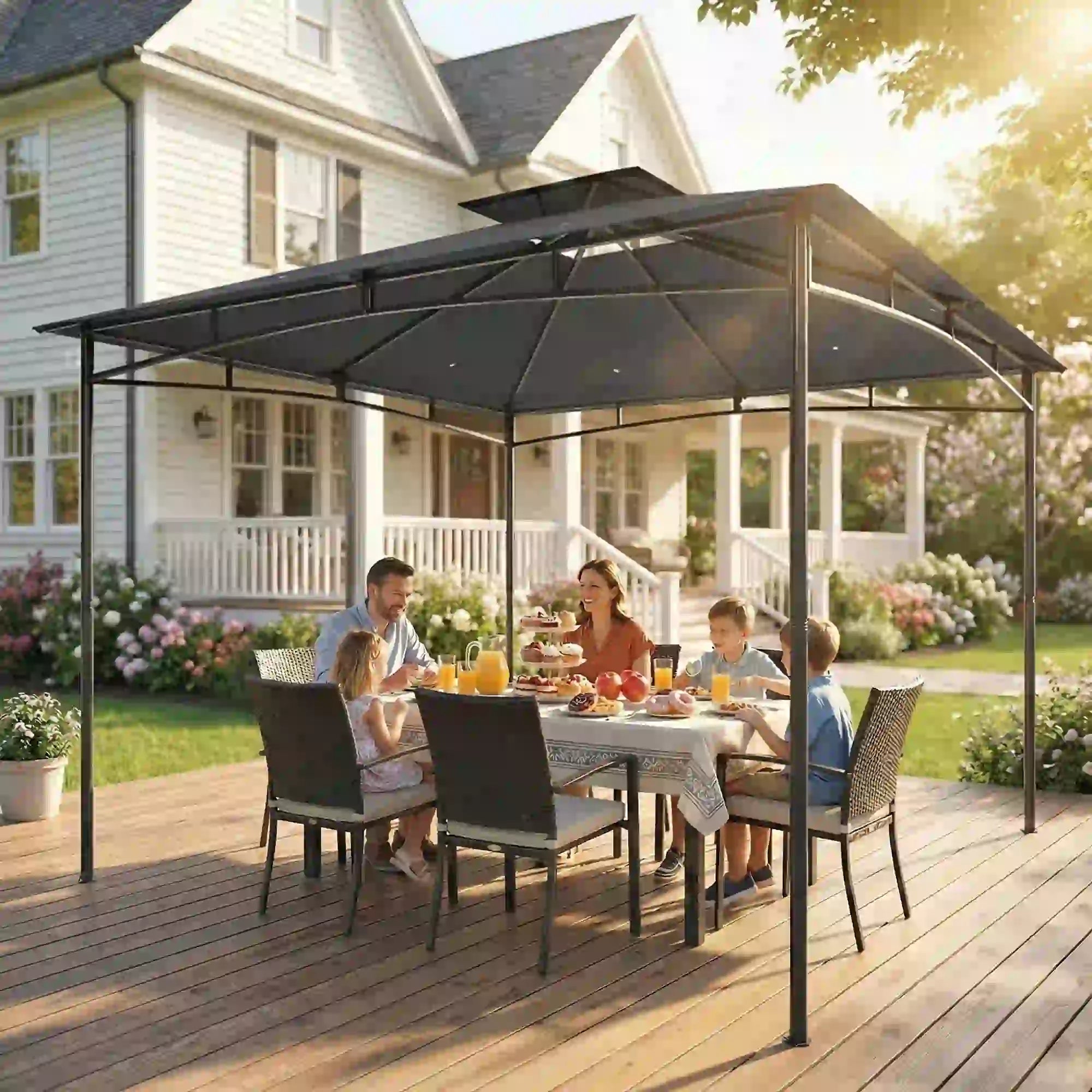 10' x 10' Gazebo, Metal Frame, 2-Tier Roof, Dark Grey Gazebos at Gallery Canada