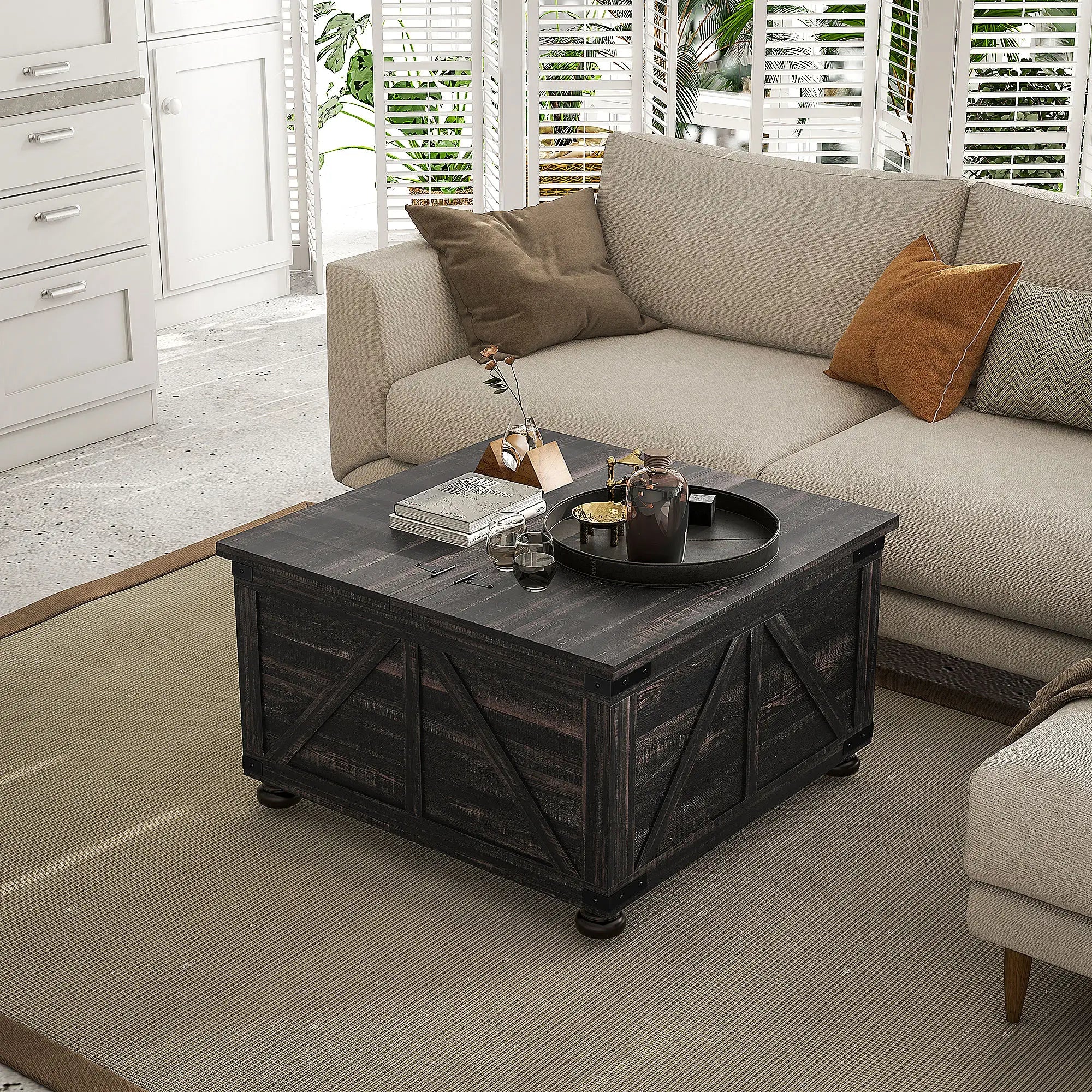Farmhouse Coffee Table, Square Flip-Top Lid, Hidden Storage, Distressed, Brown Coffee Tables at Gallery Canada