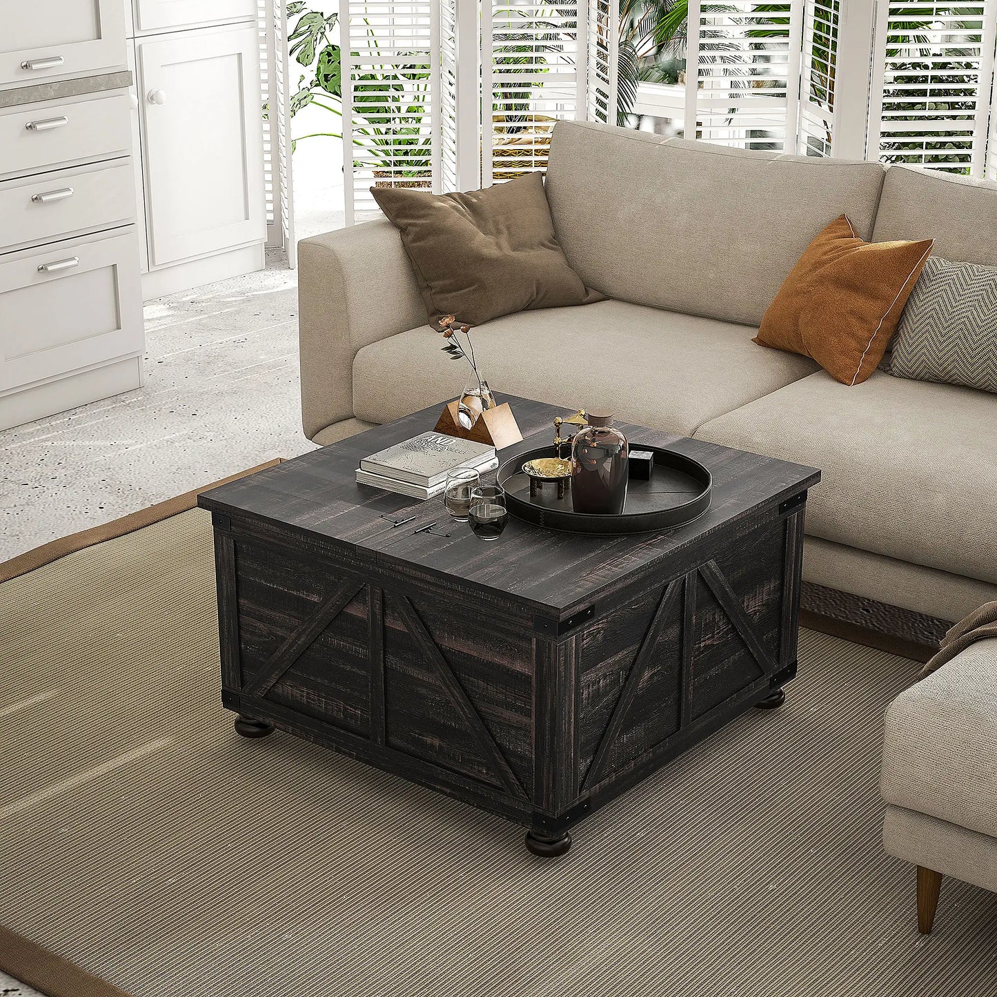 Farmhouse Coffee Table, Square Flip-Top Lid, Hidden Storage, Distressed, Brown Coffee Tables at Gallery Canada