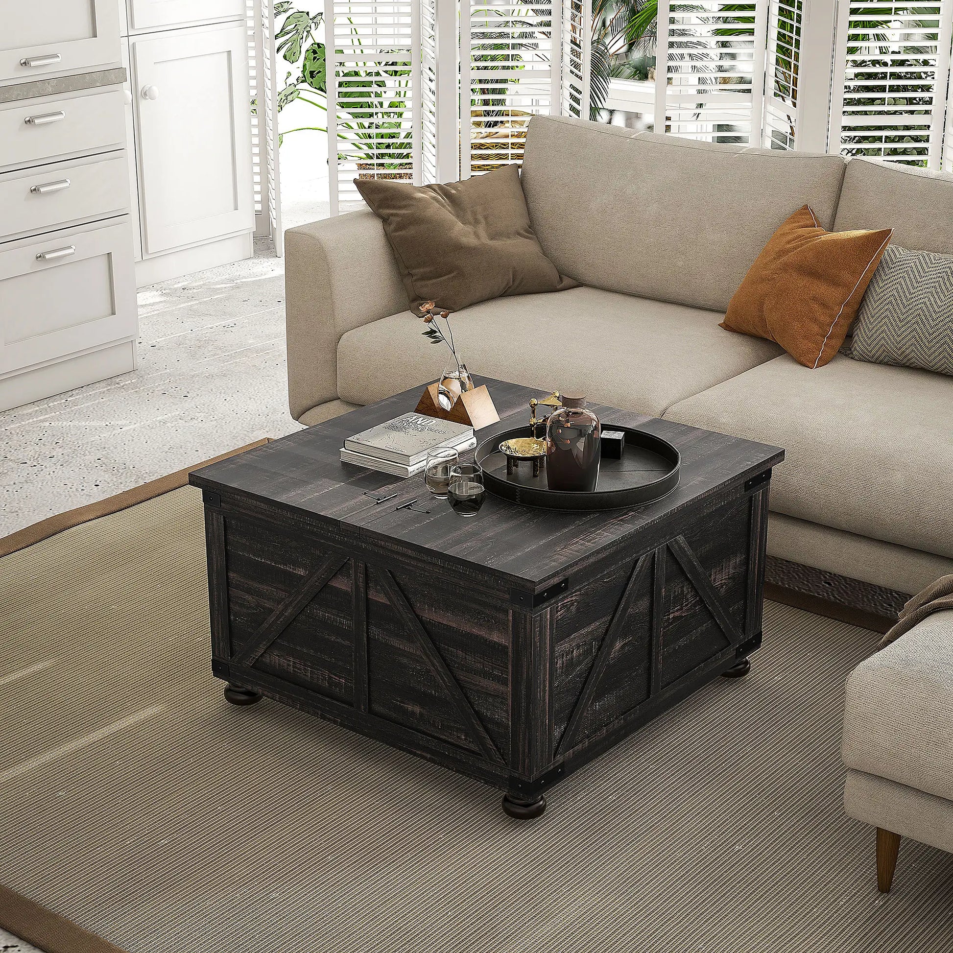Farmhouse Coffee Table, Square Flip-Top Lid, Hidden Storage, Distressed, Brown Coffee Tables at Gallery Canada