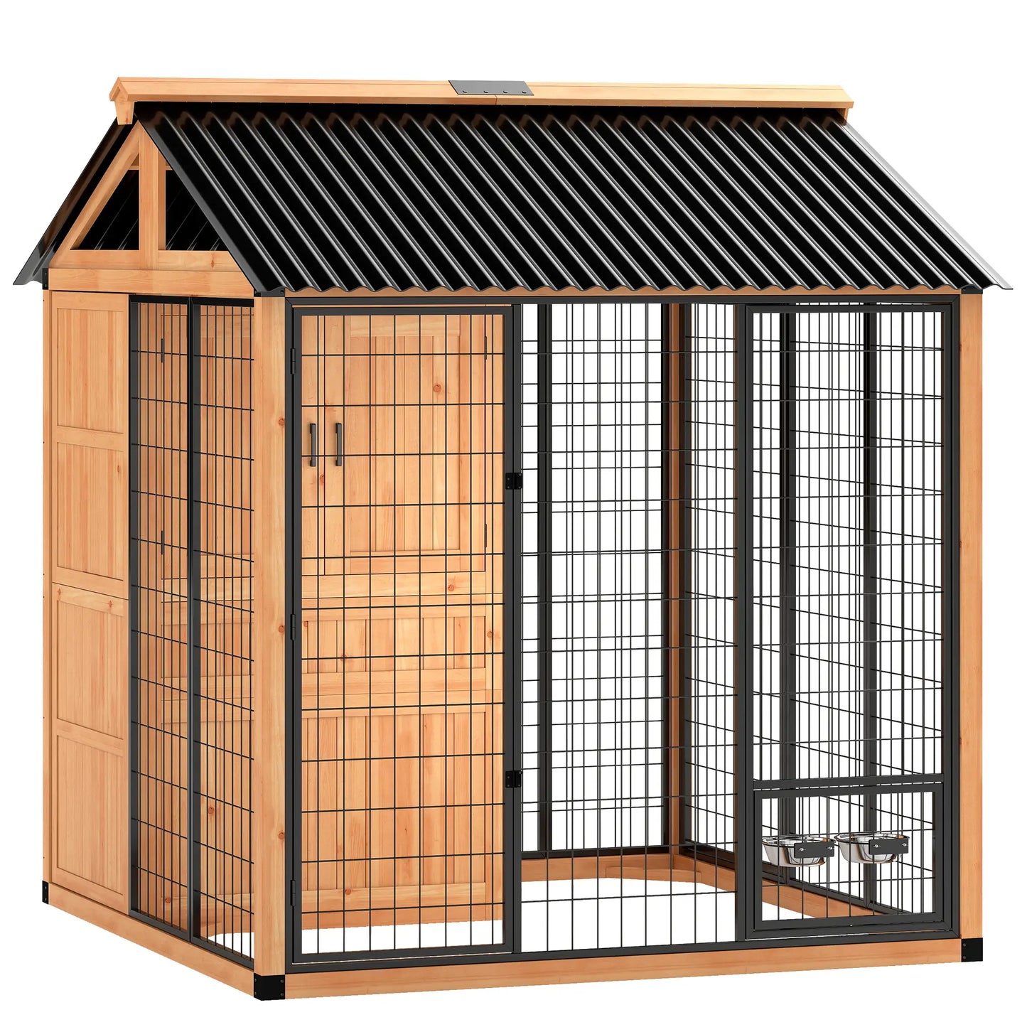 86" L Wooden Dog Kennel With Storage Cabinet, Stainless Steel Bowls, Yellow Dog Cages & Crates Light Yellow at Gallery Canada