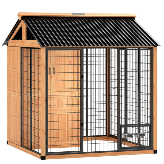 86" L Wooden Dog Kennel With Storage Cabinet, Stainless Steel Bowls, Yellow Dog Cages & Crates Light Yellow at Gallery Canada