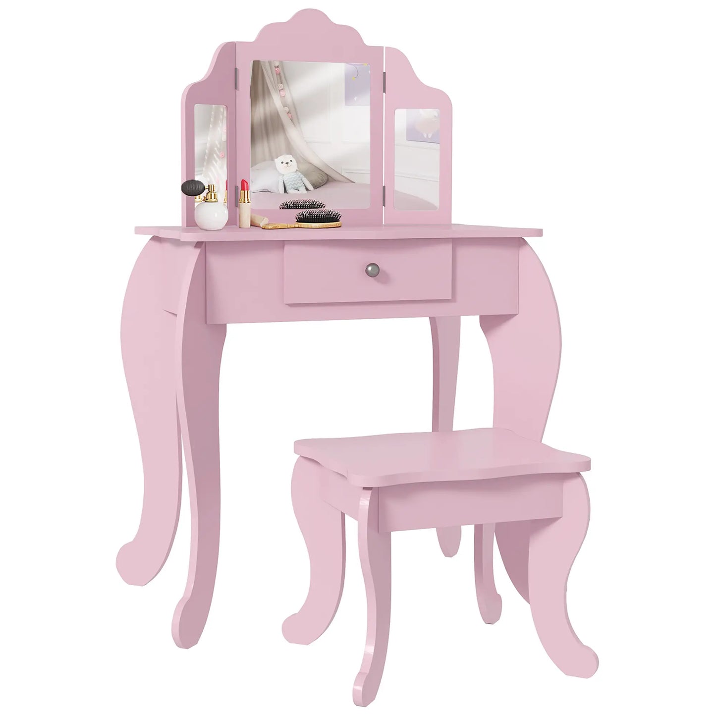 Kids Vanity Table and Stool, Makeup Set with Tri-Folding Mirrors, Pink Kids Bedroom Furniture Pink at Gallery Canada