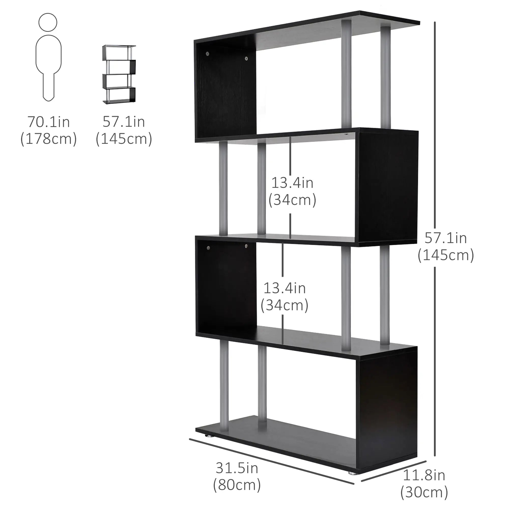 5-Tier Geometric Wooden Bookcase, S-Shaped Storage, Black Display Bookshelves at Gallery Canada